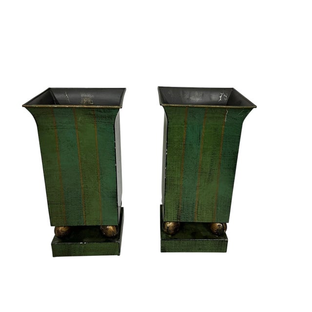 Avocado Vintage Metal Tole Vases - A Pair For Sale - Image 8 of 9