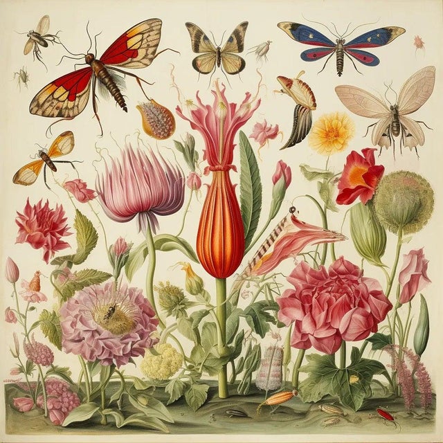 # Set of 6 - 54" X 36" Gallery Wall Installation 'Insects and Flowers' Botanical Floral Prints, Unframed For Sale - Image 4 of 8