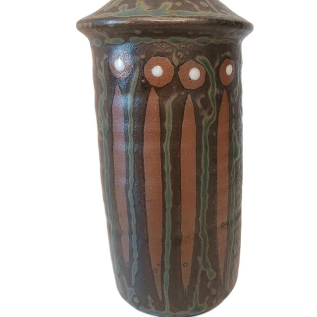 1990s Vintage Fuyu Vase Brown Green Rust Genuine Stoneware Made in Japan For Sale - Image 5 of 9