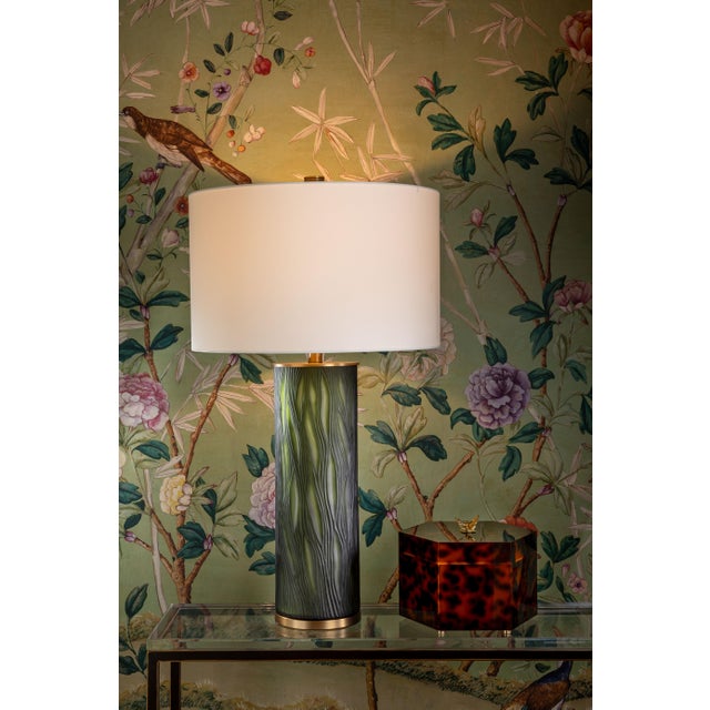 Name: Olympus Green Lamp Size: 31"H x 18"dia Olympus is our hand cut frosted glass transitional lamp which is available in...