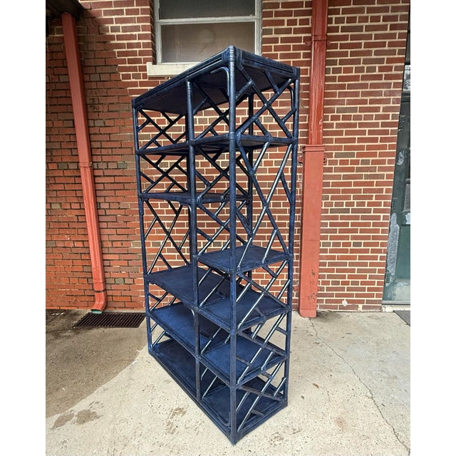 Blue Vintage Turtle and Crane Bespoke Rattan Lapis Trellis Etagère | Hollywood Regency Chippendale Bookcase For Sale - Image 8 of 12