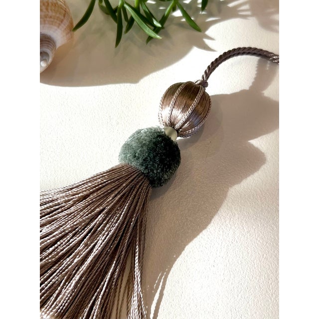 Aqua and Taupe Satin Beaded Key Tassel With Cut Velvet Detail For Sale - Image 4 of 17