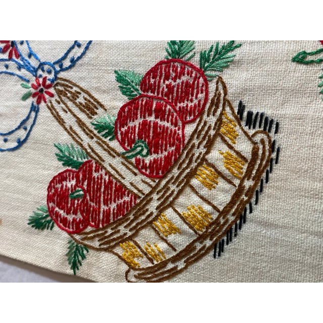 Vintage 1950s Linen Tea Towels: Embroidered Fruit Baskets, Red Trim - a Pair For Sale - Image 4 of 9