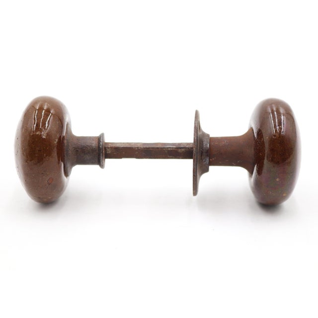 Antique Brown Ceramic Passage Door Knob Set With Keyhole Cover For Sale - Image 4 of 7