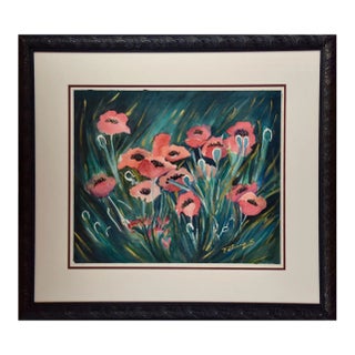 Watercolor of Flowers in a Field: Large Framed Colorful Botanical by Fatima S. For Sale
