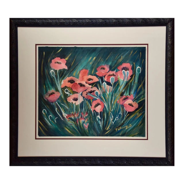 Watercolor of Flowers in a Field: Large Framed Colorful Botanical by Fatima S. For Sale