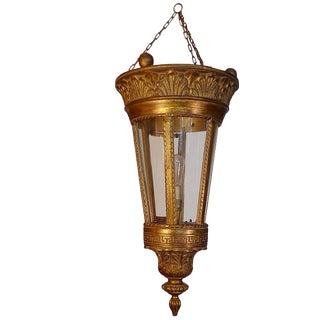 French 1960s Wood Gold Painted Lantern With Six Glass Sides One Door and One Centre Light For Sale