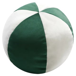 Velvet Ball Cushion in Green and White by Lo Decor For Sale