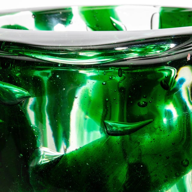 Emerald Hand Blown Murano Vase With Emerald Green Details For Sale - Image 8 of 11