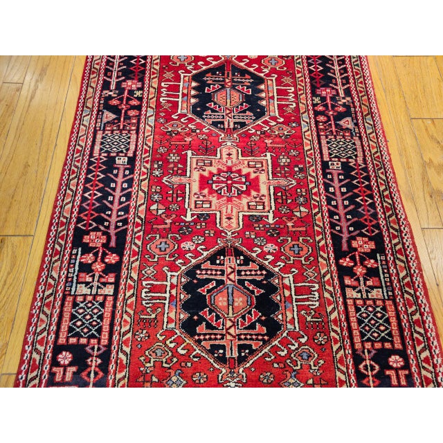 Antique Persian Heriz Karajeh Runner, Hand-Knotted Wool, Geometric Medallion Pattern, Red & Navy, 4x14 For Sale - Image 17 of 18