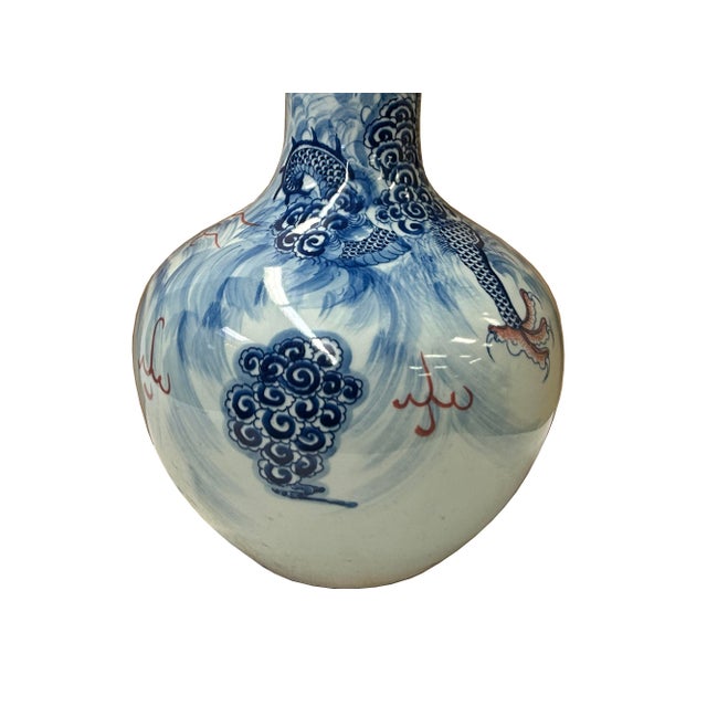 Oriental Blue Red Dragon Graphic Fat Body White Porcelain Art Vase For Sale - Image 15 of 17