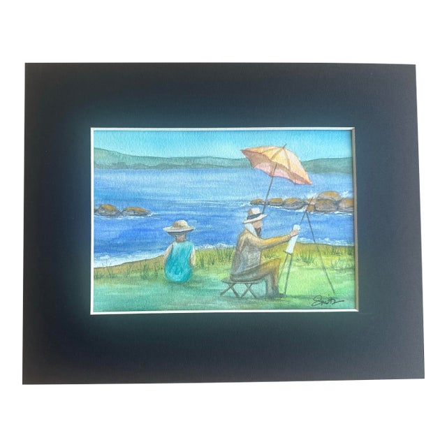 “The Muse” Original Coastal Watercolor Featuring Plein Air Artist & Seaside Figure by Nancy Smith For Sale