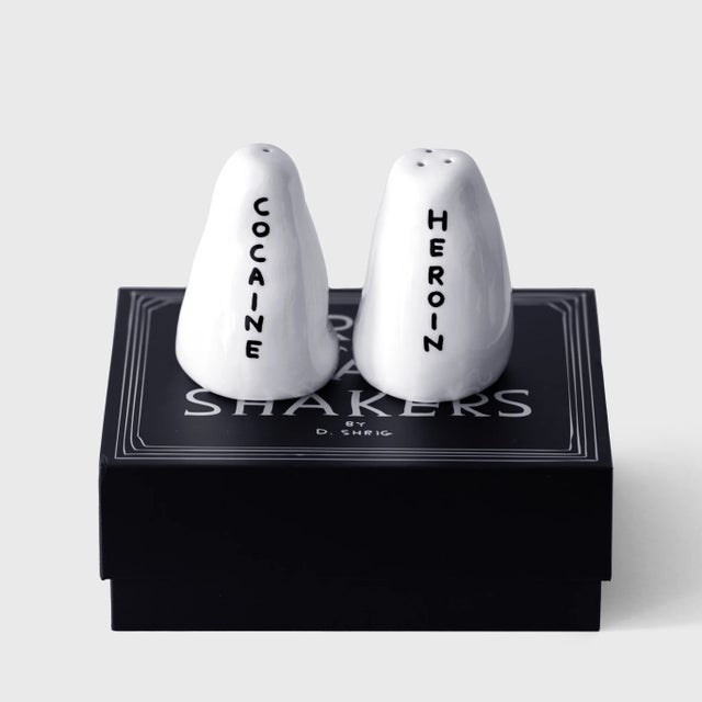 David Shrigley 'Heroin and Cocaine Shakers', 2017 Based on the artist's painting from 2000. 4 x 2 x 2 Inches each. 10.2 x...