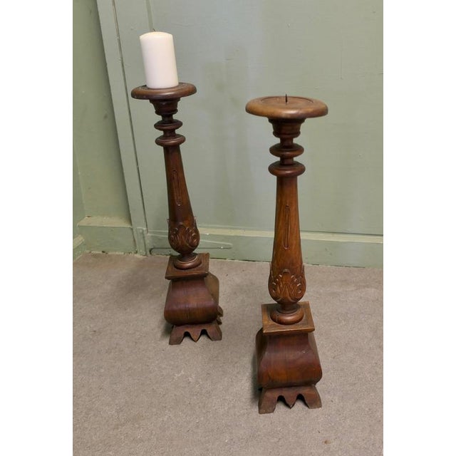 Tall Gothic Turned and Carved Wooden Candlesticks, 1960, Set of 2 For Sale - Image 3 of 6