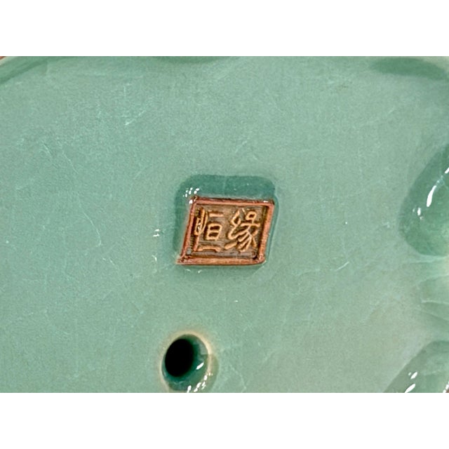Joyful Laughing Buddha Gloss Dark Jade Green Robe Ceramic Coin Bat Ru Yi Figure For Sale - Image 11 of 12