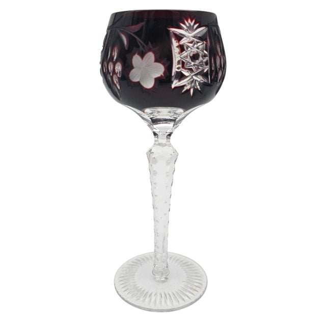 Late 20th Century Late 20th Century Ajka Marsala Ruby Overlay Hand-Cut Crystal Hock Wine Goblet, Hungary 8" - Set of 3 For Sale - Image 5 of 10