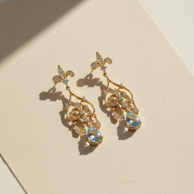 Modern Fleur De Lis Chandelier Earrings Studs With Topaz in Silver, Gold, A Pair For Sale - Image 3 of 10