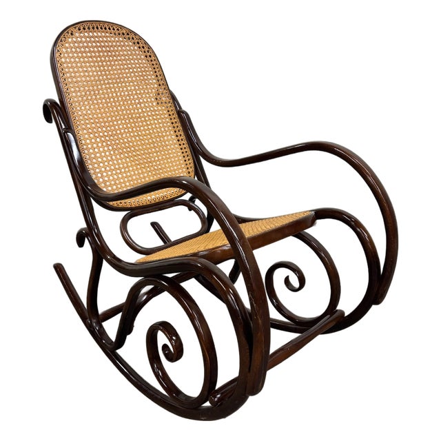 Vintage Thonet Style Bentwood Beechwood Cane Seat Cane Back Rocking Chair For Sale