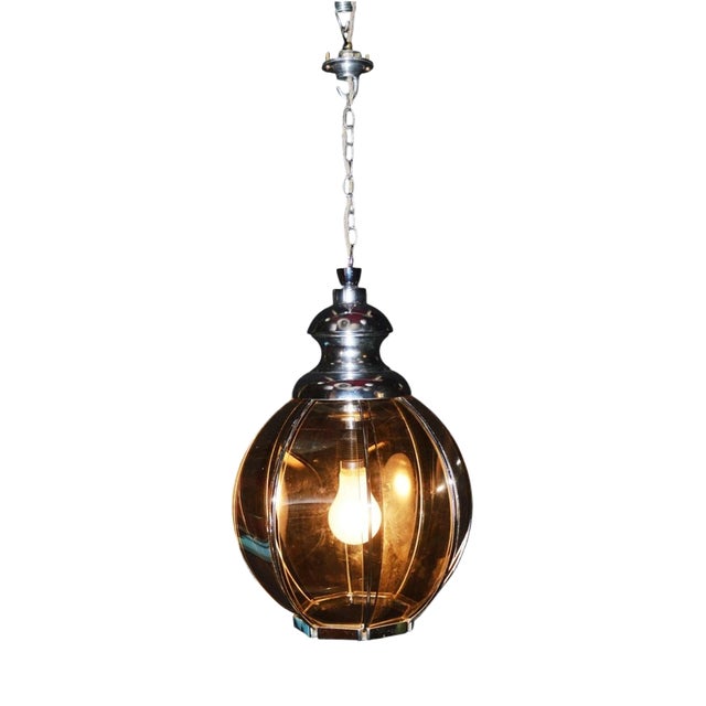 Mid-Century Octagonal Smoked Glass and Chrome Globe Pendant Light, 1960s For Sale
