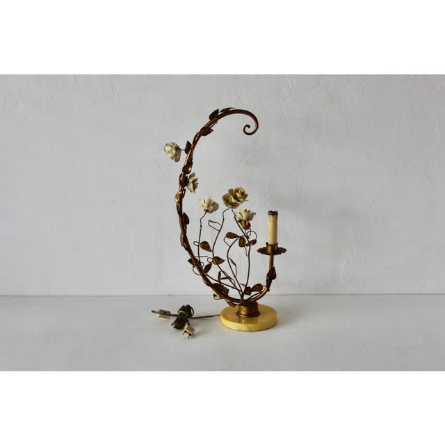 Italian Gilded Tole Porcelain Yellow Roses Leaf Vine Marble Base Table Accent Lamp Vintage Mid-Century For Sale - Image 16 of 17