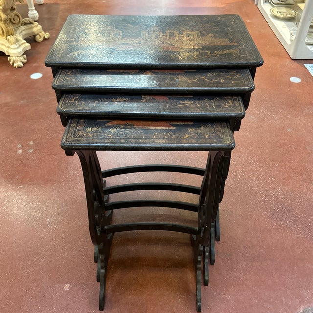 Late 20th Century Late 20th Century Ebonized Chinoiserie Set of 4 Nesting Tables For Sale - Image 5 of 7