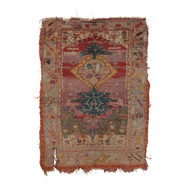 Antique Ghiordes Tapestry in Bold Ruby and Sapphire Tribal Medallions - Rug & Kilim For Sale