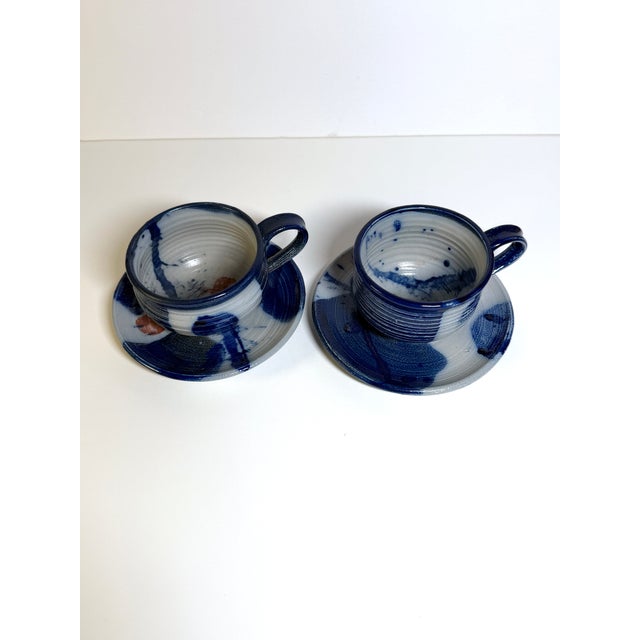 2 Otto Heino Signed Vintage Studio Pottery Tea Cups & Saucers Signed Cups 3" opening