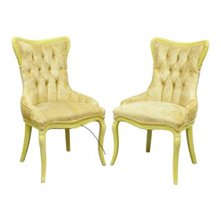Vintage French Hollywood Regency Yellow Tufted Drape Carved Side Chairs - A Pair For Sale