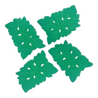 Set 4 Green Leaf Christmas Holiday Cocktail Napkins Linen For Sale