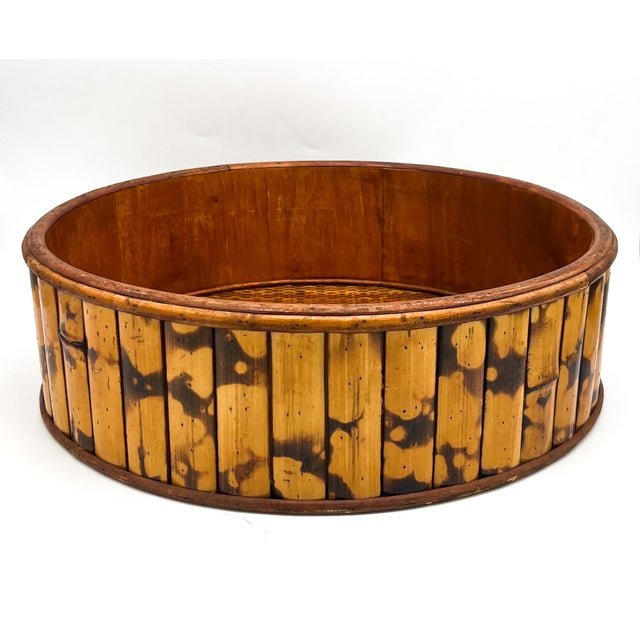 Wood Vintage Burnt Bamboo Basket With Woven Rattan Base – Boho / Organic Modern / Tropical For Sale - Image 7 of 12