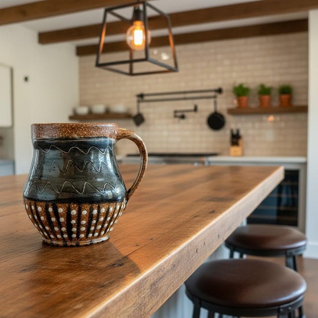 Hand-thrown studio pottery mug by North Carolina potters Dan & Nancy Lovejoy, working out of Wendell since the late 20th...