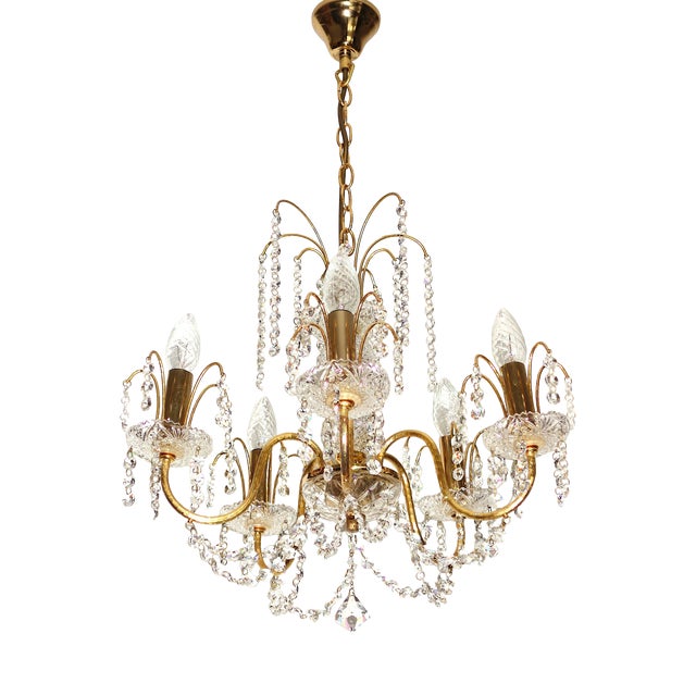 Brass and Lead Crystal 5-Light Chandelier from Preico, 1970s For Sale