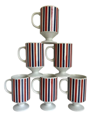 Set of 6 MCM Red and Blue Striped Footed Mugs Made in Japan