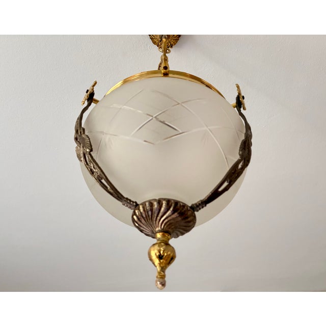 1960s French Brass & Etched Glass Bowl Pendant Light - Restored For Sale - Image 16 of 18
