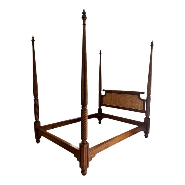 Vintage British Khaki "Lord Mountbatten" Four Poster Anglo-Indian Style Canopy Queen Bed For Sale