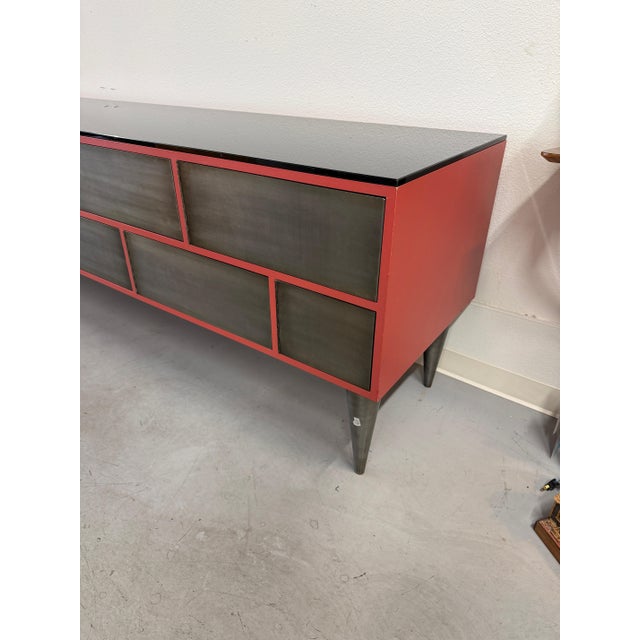 1990s Custom 11 Drawer Credenza in Red with Brushed Steel Doors and Black Glass Top For Sale - Image 14 of 17