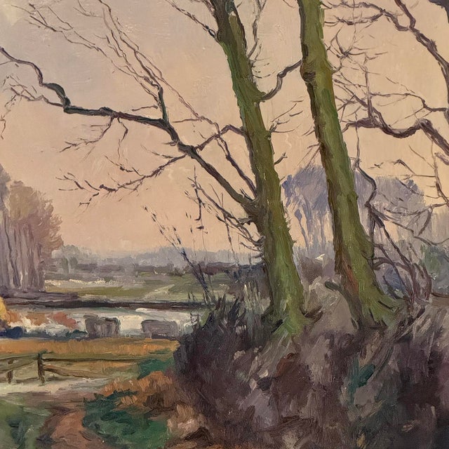 Antique Oil Painting on Canvas by Victor Fermans 'Winter Village Landscape' For Sale - Image 13 of 16