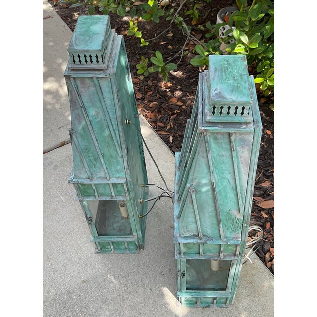 Pair of Monumental Art Deco Style Verdigris Copper & Brass Wall Lanterns For Sale - Image 10 of 16