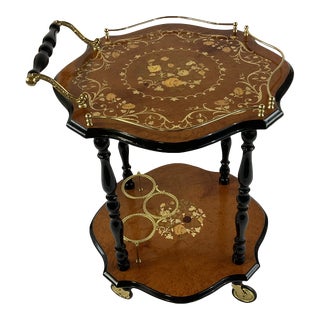 1950s Italian Vintage Burl Wood Veneer and Brass Marquetry Bar Cart For Sale