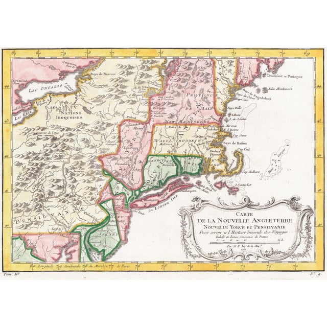 This beautiful 1757 hand-colored copperplate engraved map by French cartographer Jacques-Nicolas Bellin features New...