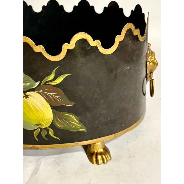 Maison Lancel Vintage French Black Tole Cachepot With Hand-Painted Fruit and Gilt Scalloped Rim Lion Head Ring Handles For Sale - Image 17 of 17