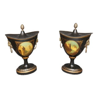 Pair English Style Tole Painted Metal Small Brass Mounted Urns For Sale