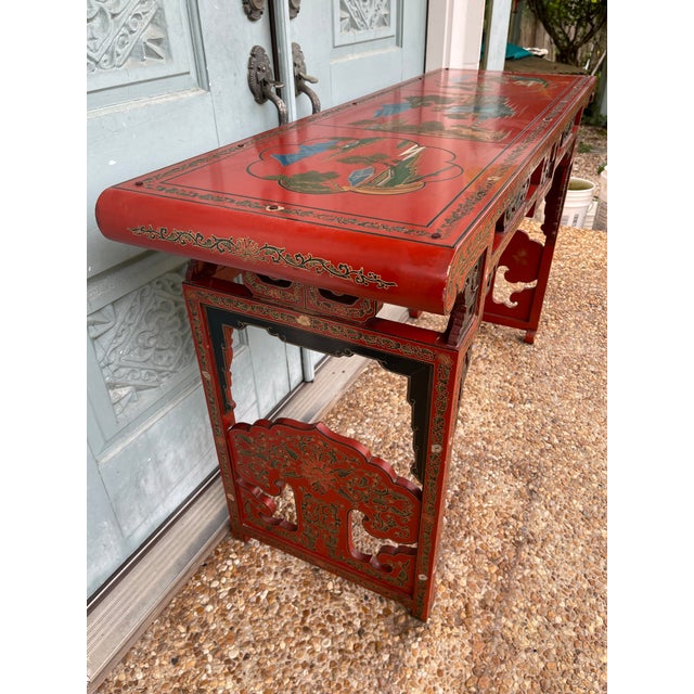 Chinoiserie Late 20th Century Oriental Red Lacquer and Chinoiserie Decorated Console Table For Sale - Image 3 of 3