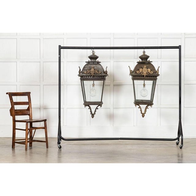 Circa late 20thc large french 19thc style bronze & iron lantern. The bottom section can be removed to reduce the height by...