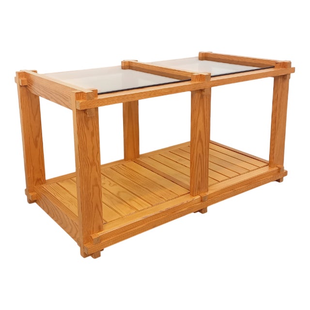 Vintage Rectangular Coffee Table in Pine and Smoked Glass, 1970s For Sale