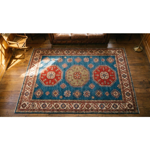 1900s Sky Blue Medallion Tribal Hand Knotted Antique Caucasian Moghan Rug 4'2" X 4'4" Wool Carpet For Sale - Image 12 of 12