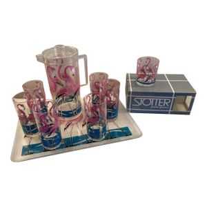 Vintage Acrylic Set of Tumblers, Pitcher & Tray Flamingo Design by h.j. Stotter, 14 Pieces