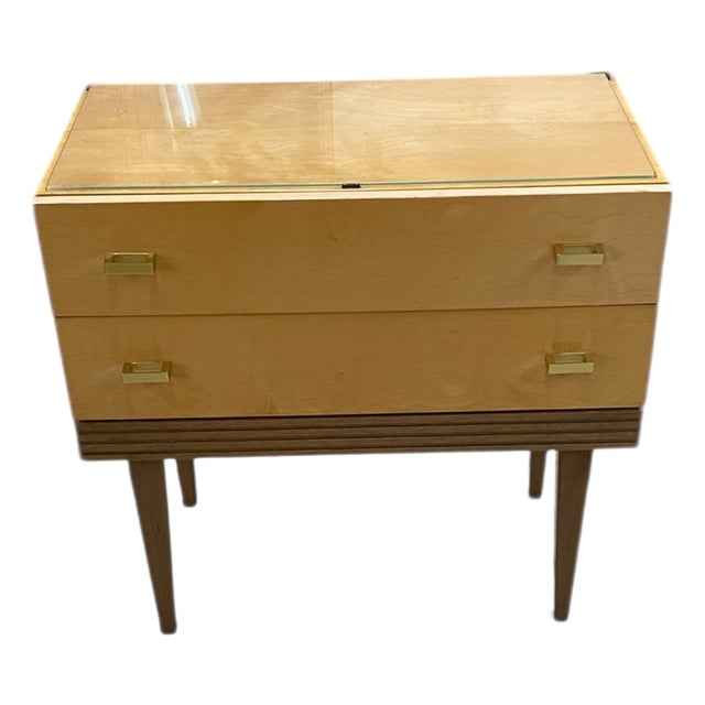 Mid-Century Bedside Table with Drawers in Maple Veneer with Brass Handles and Glass Top, Germany, 1950s-1960s For Sale