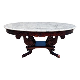 Vintage Victorian Revival Oval Marble Top Center Table With Hand-Carved Mahogany Base For Sale