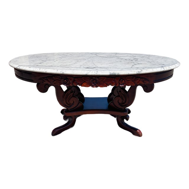 Vintage Victorian Revival Oval Marble Top Center Table With Hand-Carved Mahogany Base For Sale